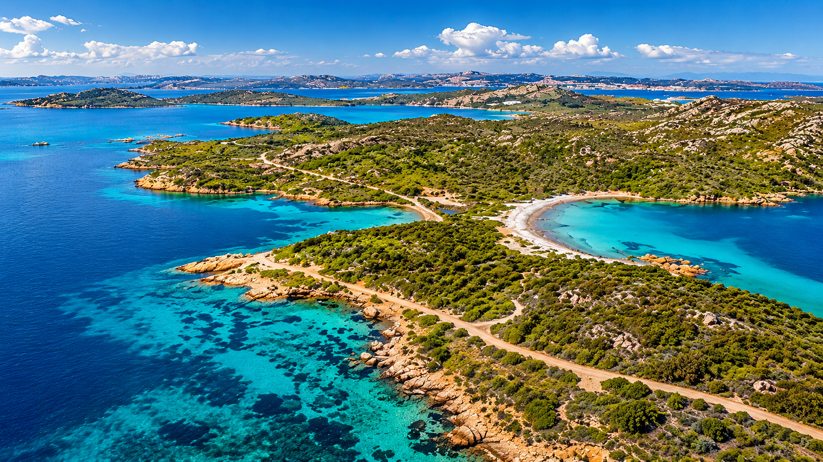 Blick über das La-Maddalena-Archipel mit türkisfarbenen Buchten und dunklen Posidonia-Feldern